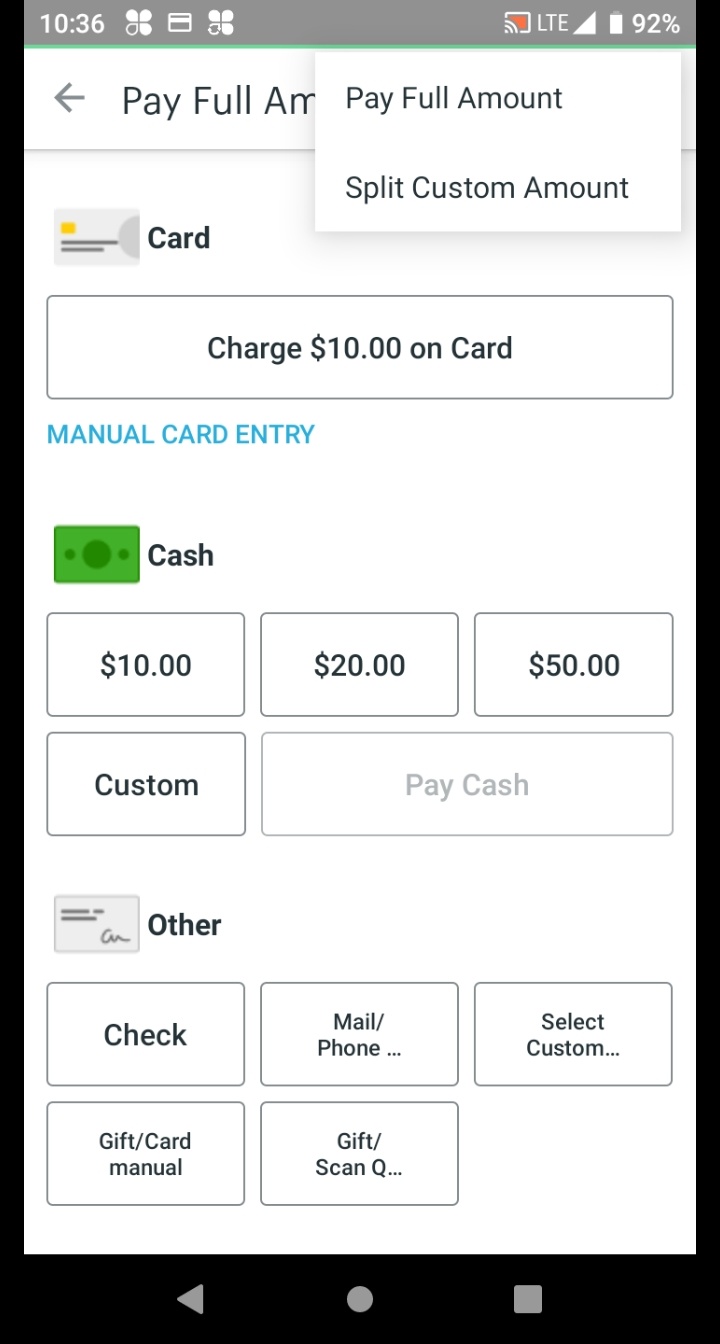 Payment screen with 3-dot menu open showing Split Custom Amount option.